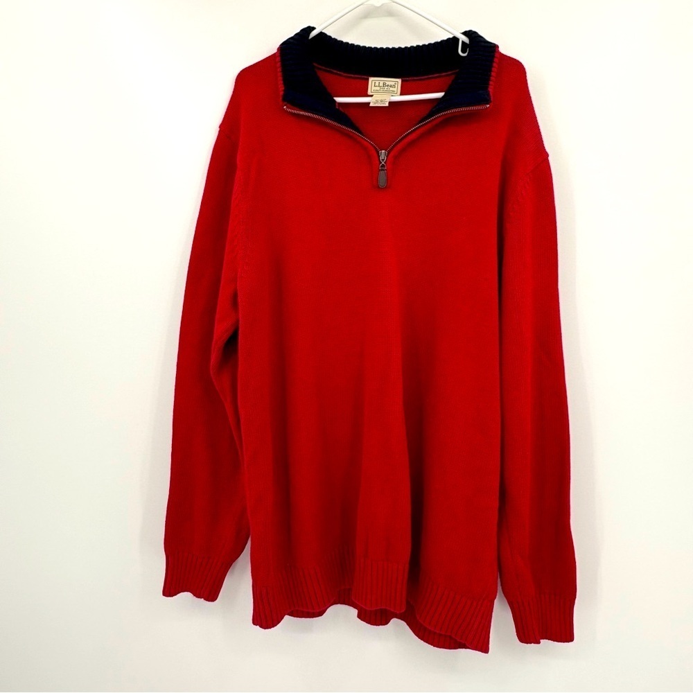 L.L. Bean Quarter Zip Turtleneck Sweater Red Blue Size XLT